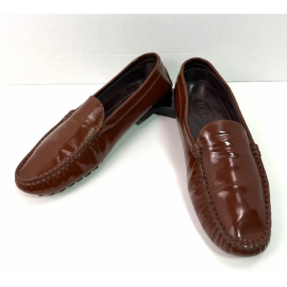 TOD'S Patent Leather Driving Loafers Brown Slip On Women's Size 6.5 Luxury Italy